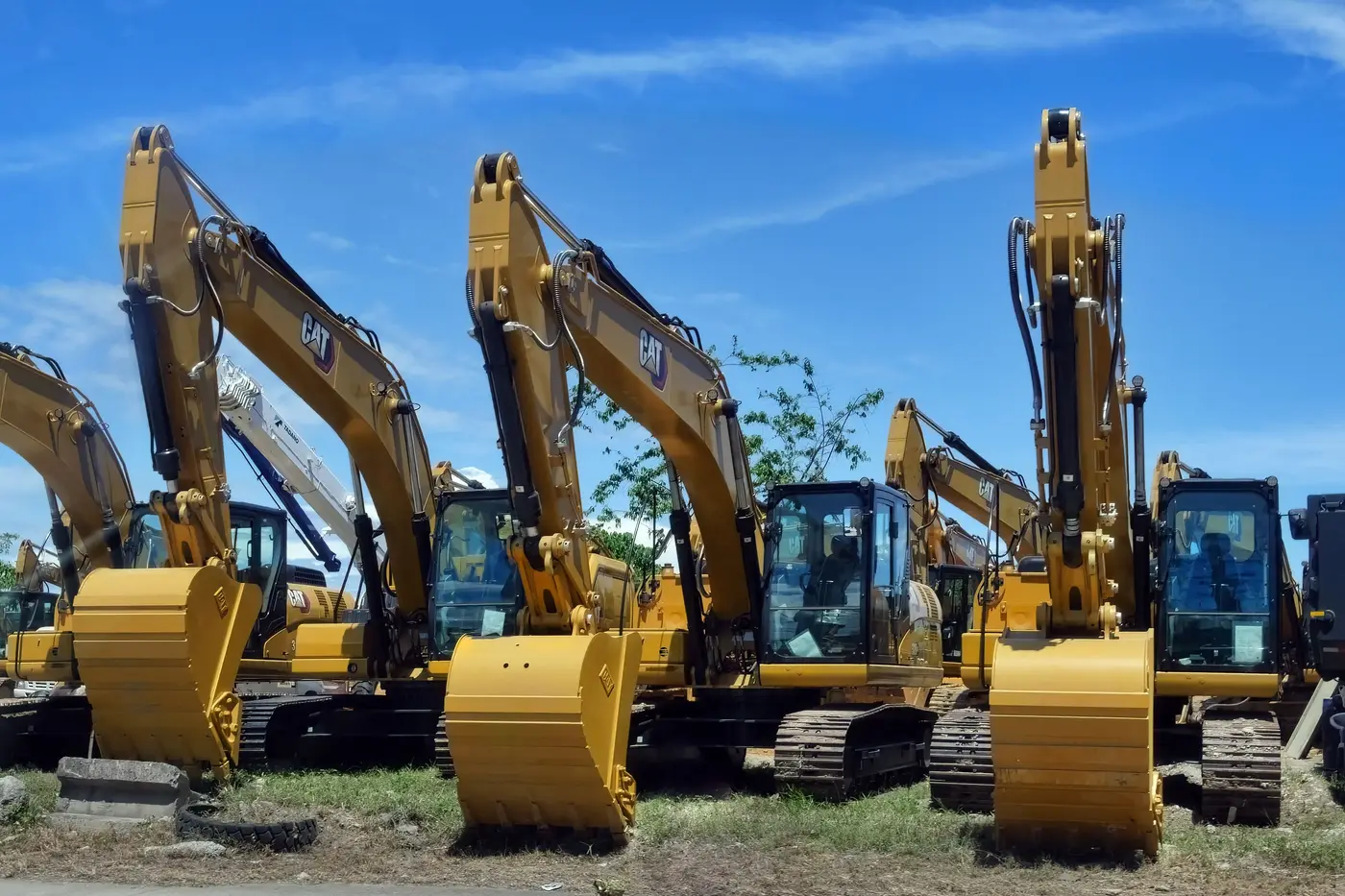 Yellow excavators lined up in an equipment yard under a clear sky