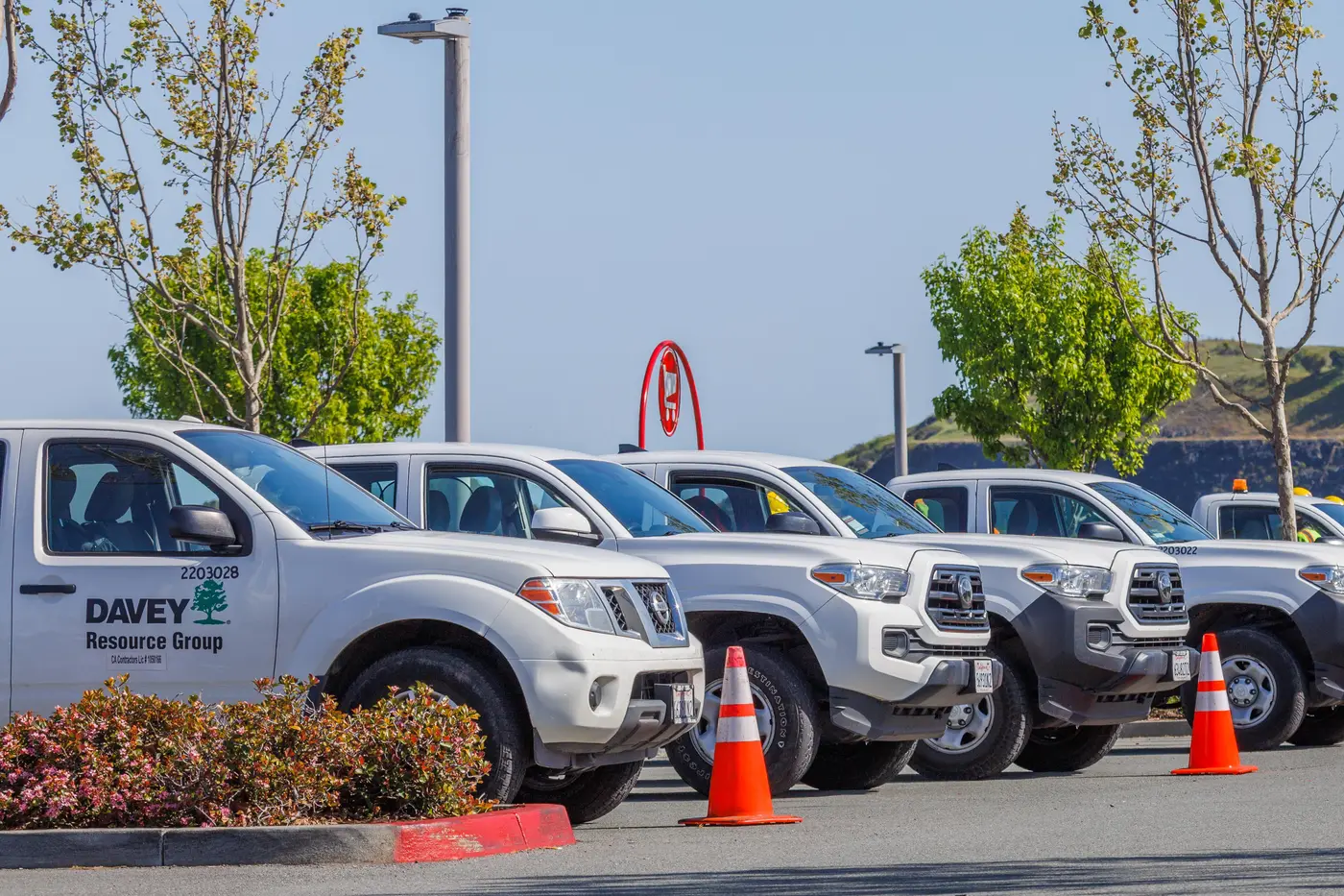 A fleet of utility trucks parked in rows in an outdoor lot