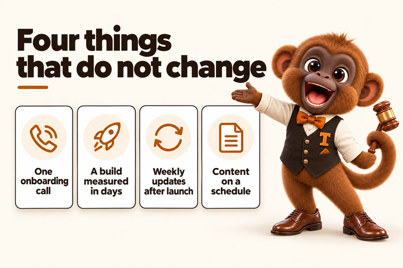 Infographic with Tamtam the howler monkey mascot: Four things that do not change. One onboarding call. A build measured in days. Weekly updates after launch. Content on a schedule.