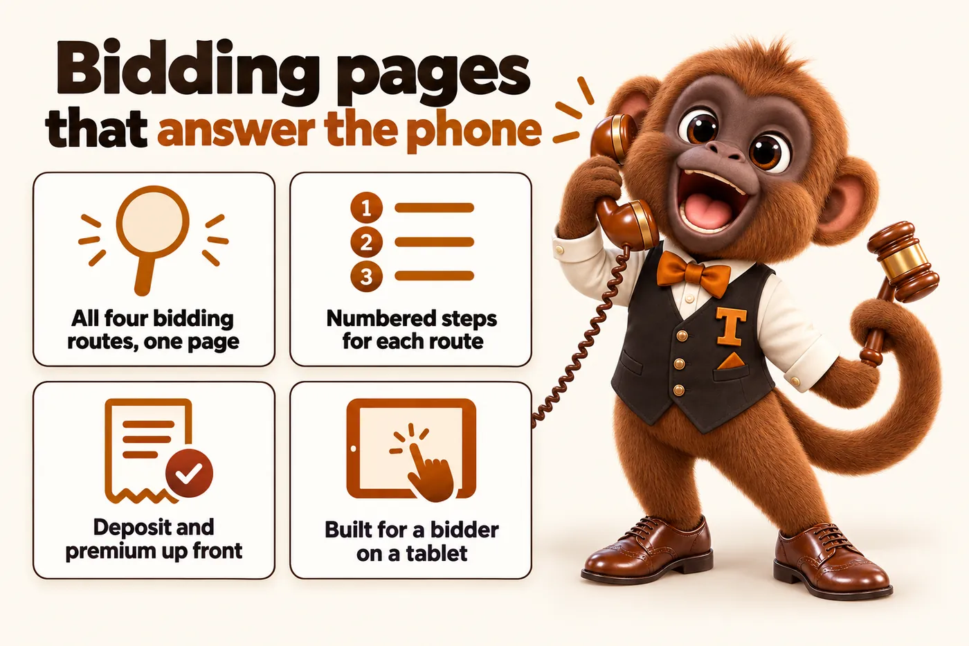 Infographic with Tamtam the howler monkey mascot: Bidding pages that answer the phone. All four bidding routes, one page. Numbered steps for each route. Deposit and premium up front. Built for a bidder on a tablet.