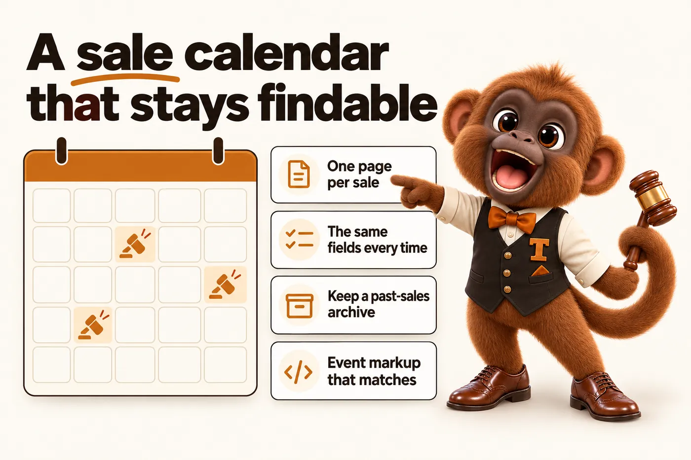 Infographic with Tamtam the howler monkey mascot: A sale calendar that stays findable. One page per sale. The same fields every time. Keep a past-sales archive. Event markup that matches.