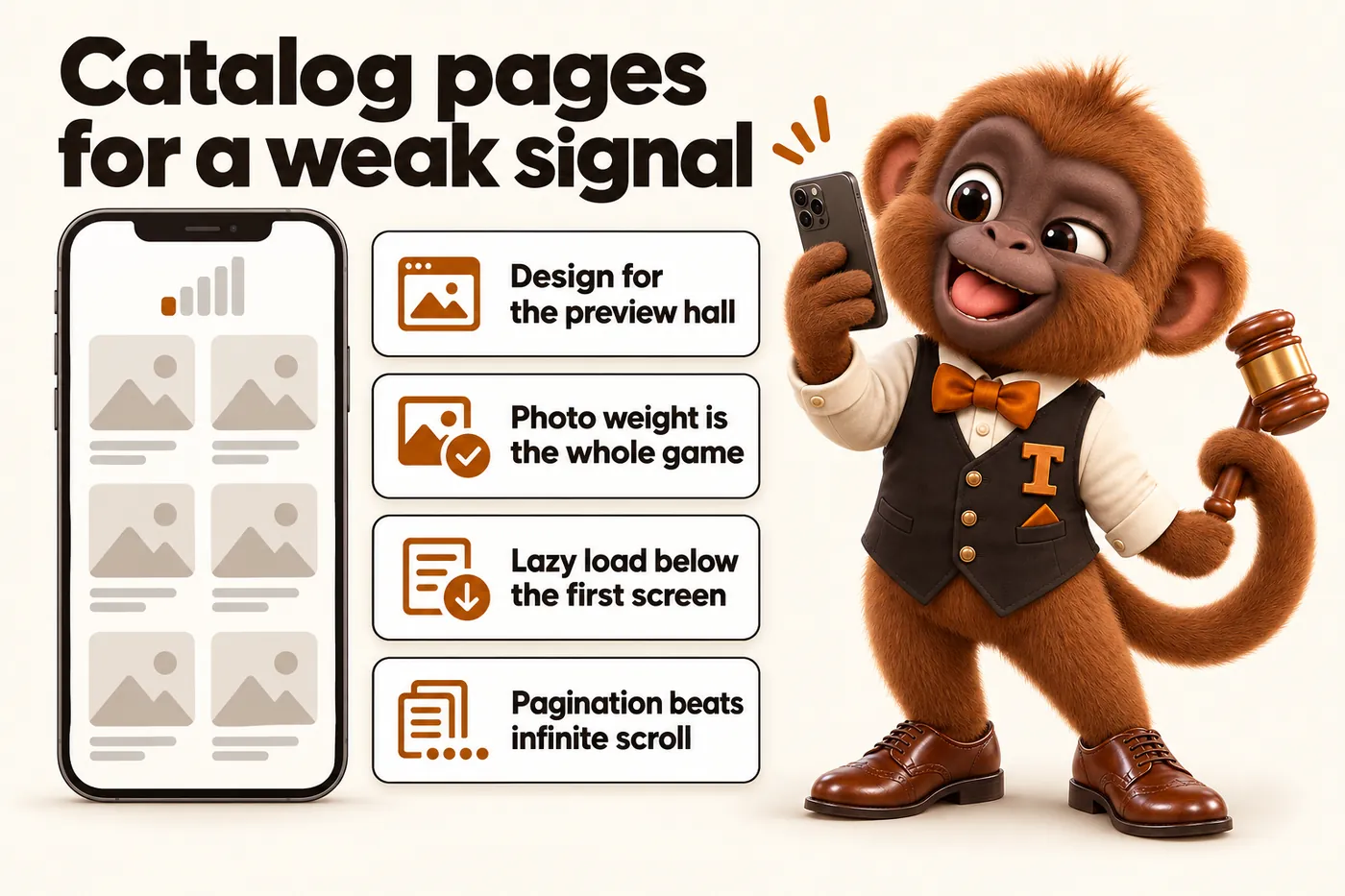 Infographic with Tamtam the howler monkey mascot: Catalog pages for a weak signal. Design for the preview hall. Photo weight is the whole game. Lazy load below the first screen. Pagination beats infinite scroll.