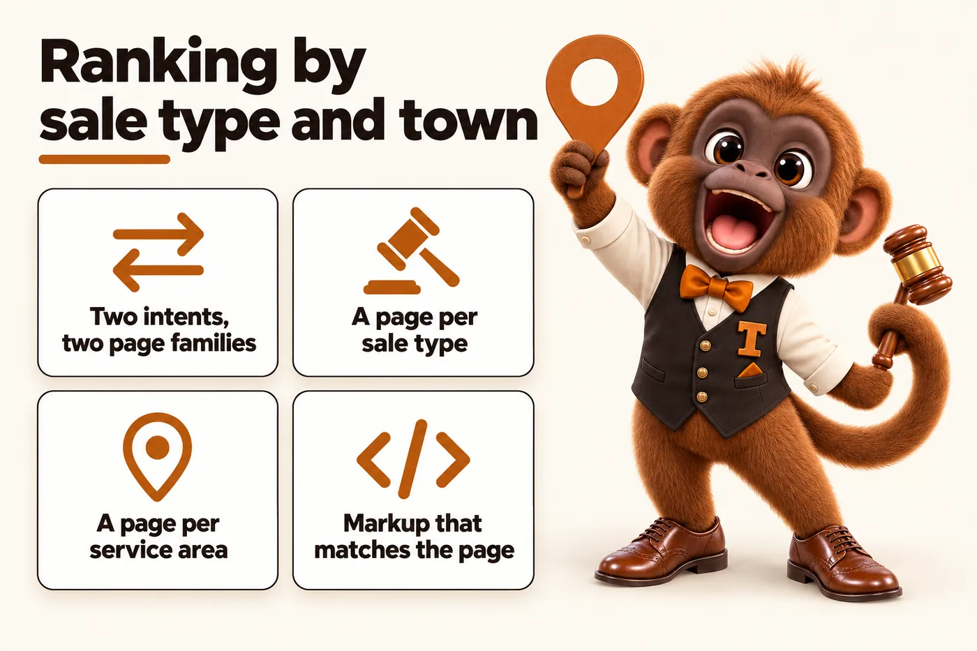Infographic with Tamtam the howler monkey mascot: Ranking by sale type and town. Two intents, two page families. A page per sale type. A page per service area. Markup that matches the page.