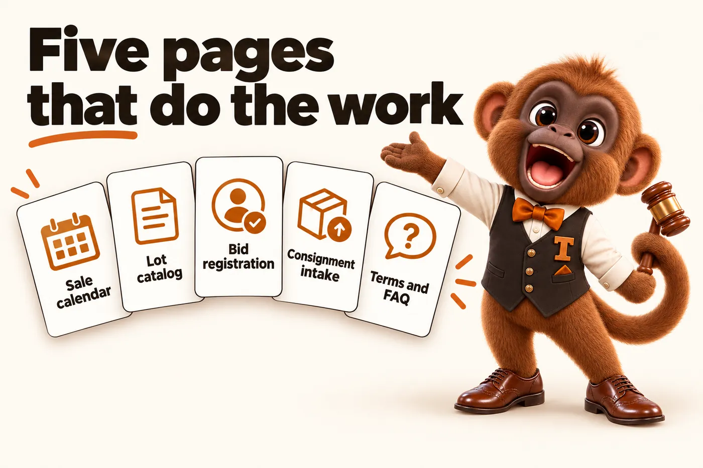 Infographic with Tamtam the howler monkey mascot: Five pages that do the work. Sale calendar. Lot catalog. Bid registration. Consignment intake. Terms and FAQ.