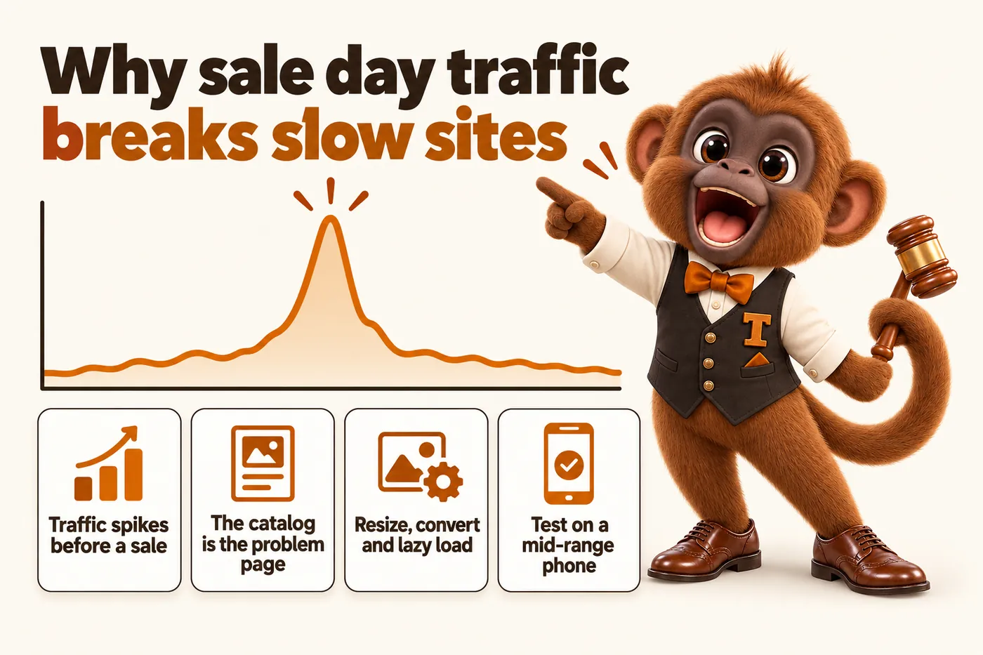 Infographic with Tamtam the howler monkey mascot: Why sale day traffic breaks slow sites. Traffic spikes before a sale. The catalog is the problem page. Resize, convert and lazy load. Test on a mid-range phone.