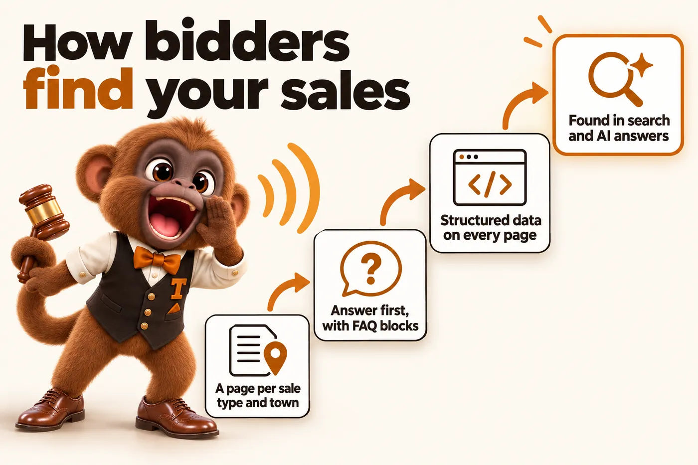 Infographic with Tamtam the howler monkey mascot: How bidders find your sales. A page per sale type and town. Answer first, with FAQ blocks. Structured data on every page. Found in search and AI answers.