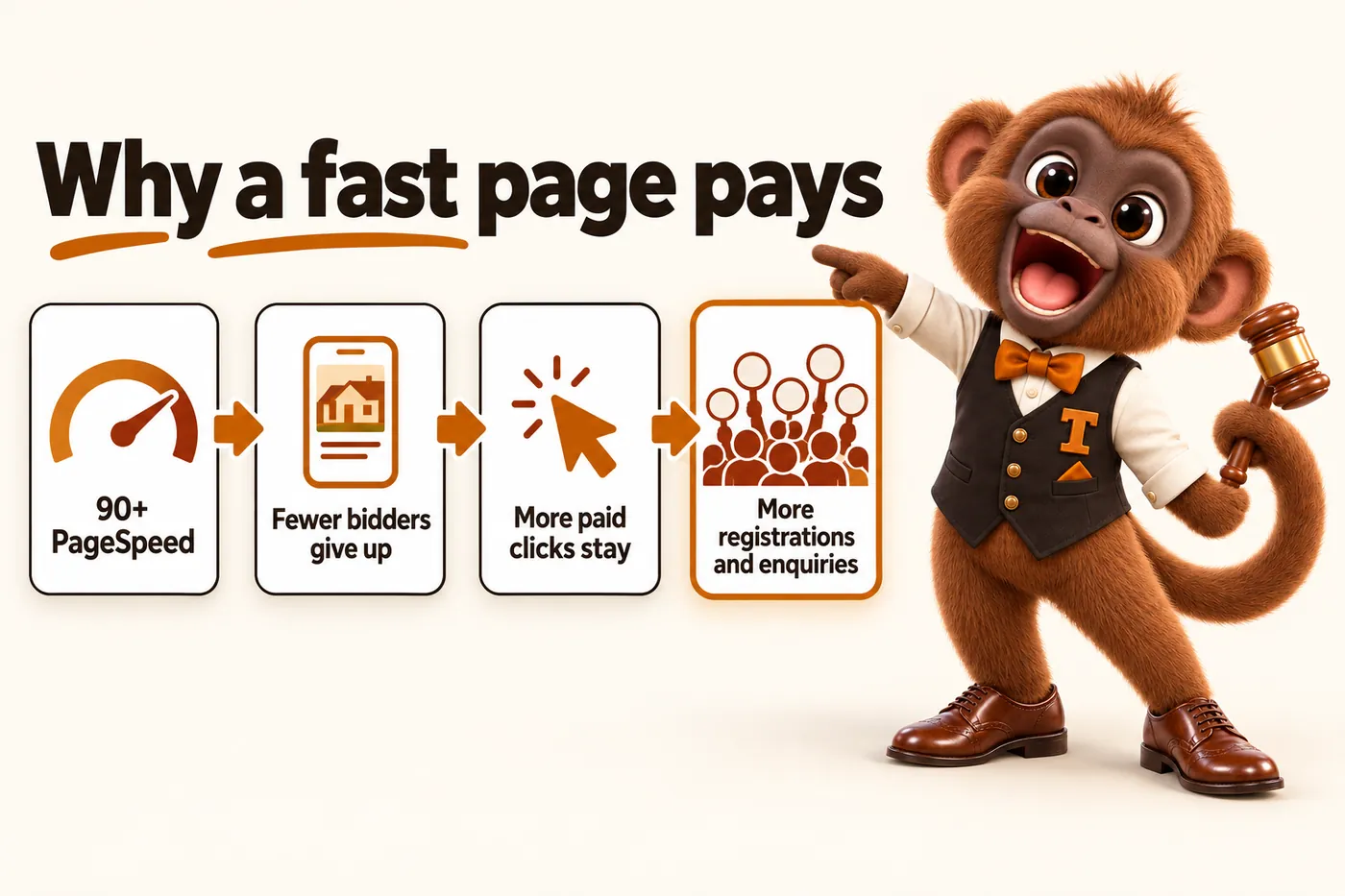 Infographic with Tamtam the howler monkey mascot: Why a fast page pays. 90+ PageSpeed. Fewer bidders give up. More paid clicks stay. More registrations and enquiries.