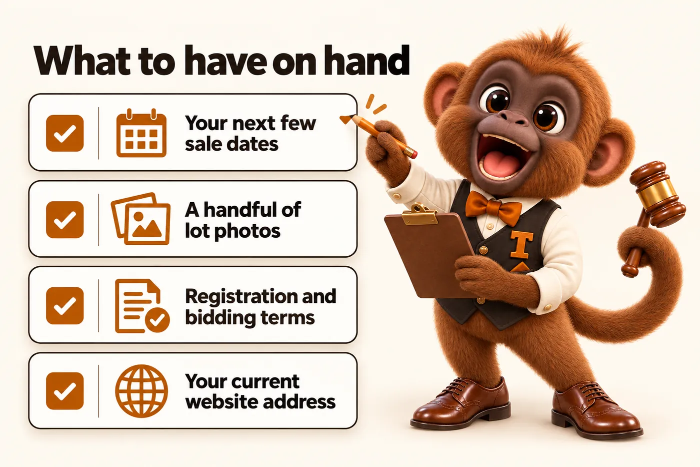 Infographic with Tamtam the howler monkey mascot: What to have on hand. Your next few sale dates. A handful of lot photos. Registration and bidding terms. Your current website address.