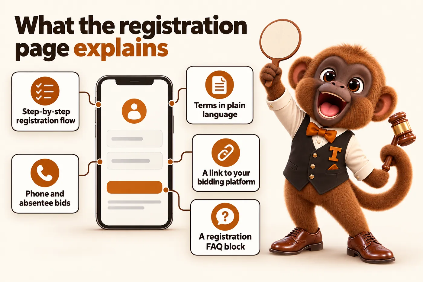 Infographic with Tamtam the howler monkey mascot: What the registration page explains. Step-by-step registration flow. Terms in plain language. Phone and absentee bids. A link to your bidding platform. A registration FAQ block.