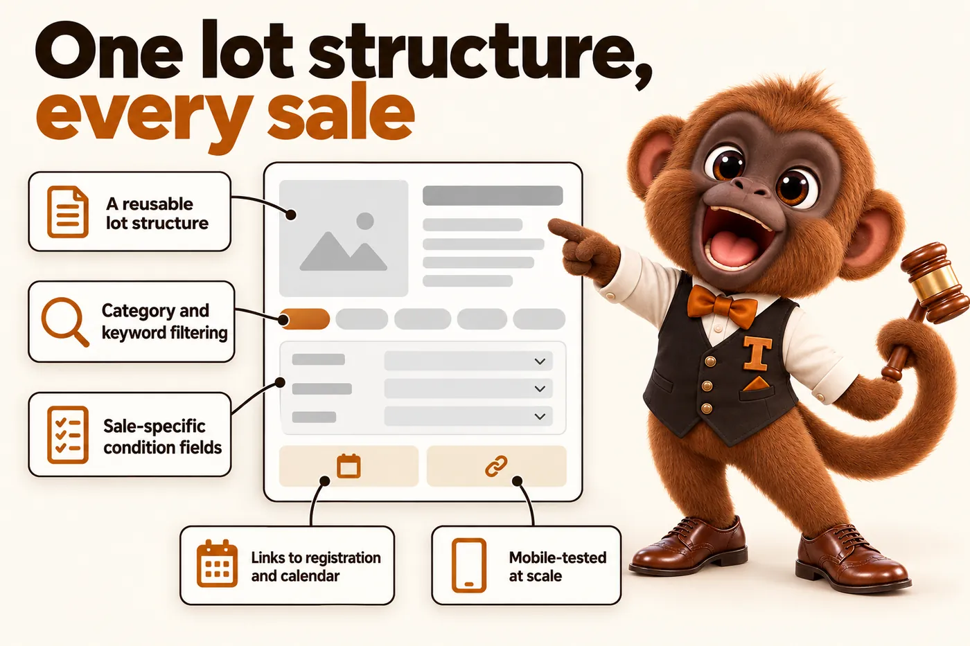 Infographic with Tamtam the howler monkey mascot: One lot structure, every sale. A reusable lot structure. Category and keyword filtering. Sale-specific condition fields. Links to registration and calendar. Mobile-tested at scale.