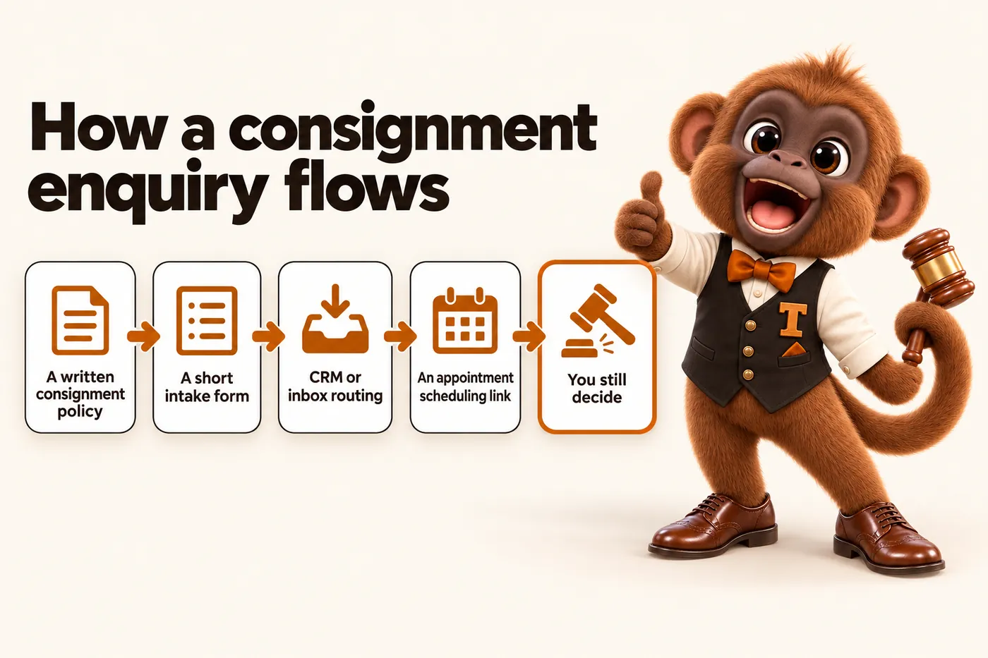 Infographic with Tamtam the howler monkey mascot: How a consignment enquiry flows. A written consignment policy. A short intake form. CRM or inbox routing. An appointment scheduling link. You still decide.