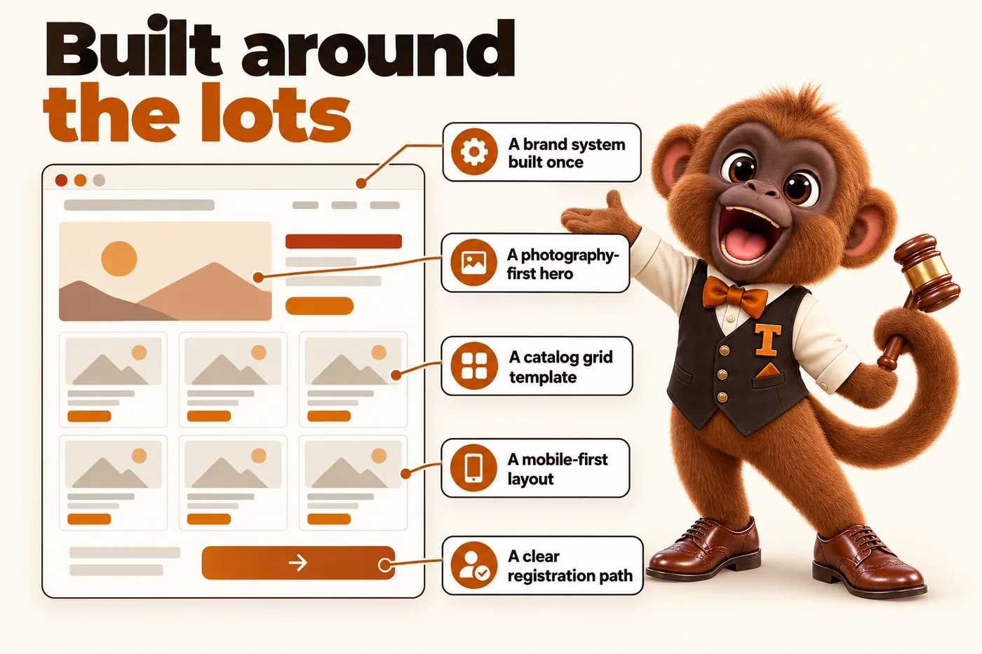 Infographic with Tamtam the howler monkey mascot: Built around the lots. A brand system built once. A photography-first hero. A catalog grid template. A mobile-first layout. A clear registration path.