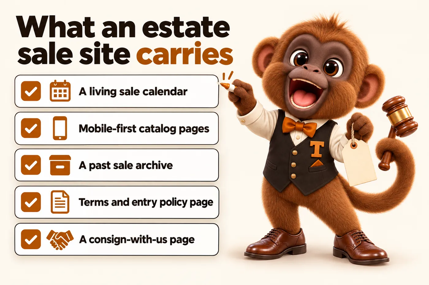 Infographic with Tamtam the howler monkey mascot: What an estate sale site carries. A living sale calendar. Mobile-first catalog pages. A past sale archive. Terms and entry policy page. A consign-with-us page.