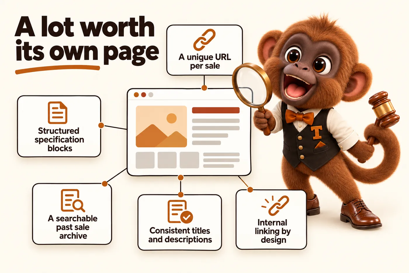 Infographic with Tamtam the howler monkey mascot: A lot worth its own page. A unique URL per sale. Structured specification blocks. Consistent titles and descriptions. A searchable past sale archive. Internal linking by design.