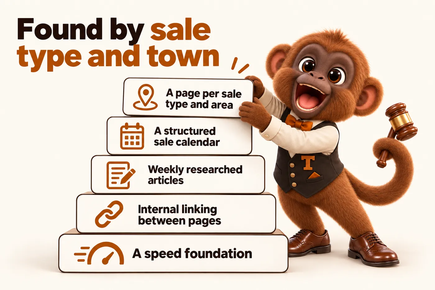 Infographic with Tamtam the howler monkey mascot: Found by sale type and town. A page per sale type and area. A structured sale calendar. Weekly researched articles. Internal linking between pages. A speed foundation.