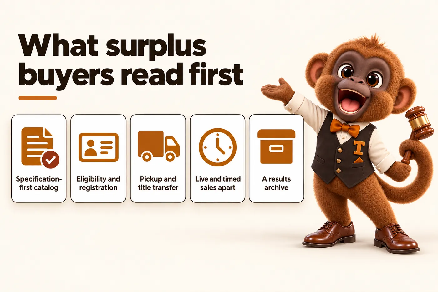 Infographic with Tamtam the howler monkey mascot: What surplus buyers read first. Specification-first catalog. Eligibility and registration. Pickup and title transfer. Live and timed sales apart. A results archive.