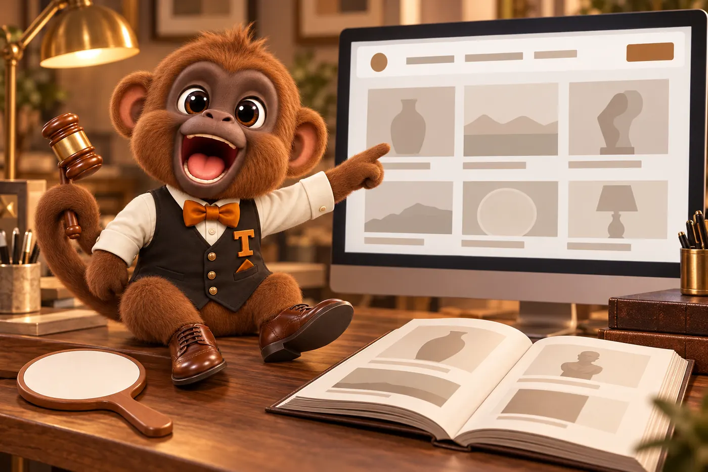 Tamtam the howler monkey mascot pointing at a website layout on a studio monitor
