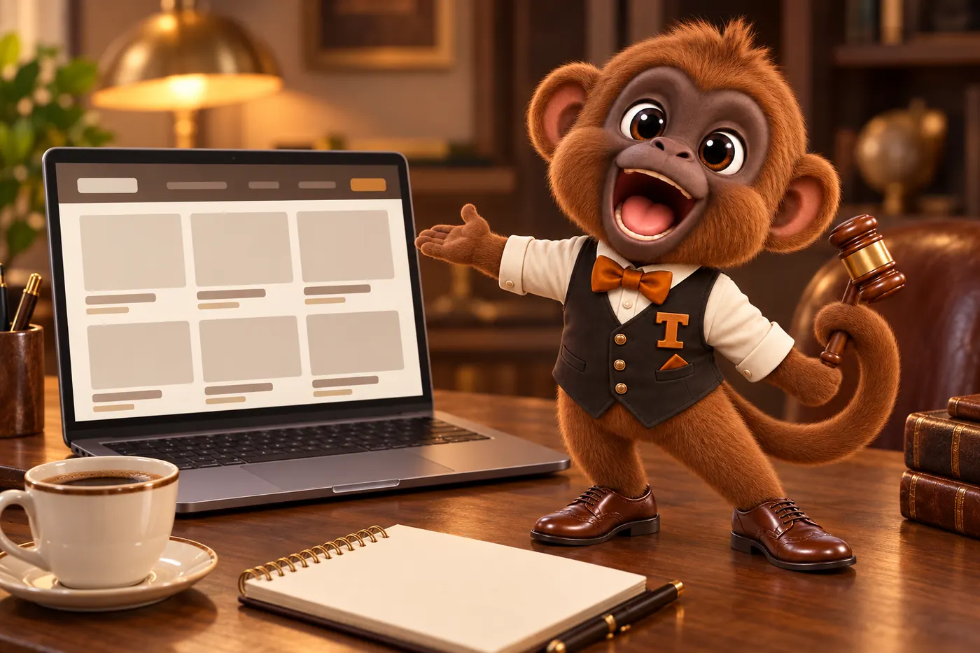 Tamtam the howler monkey mascot presenting an auction catalogue website on a laptop