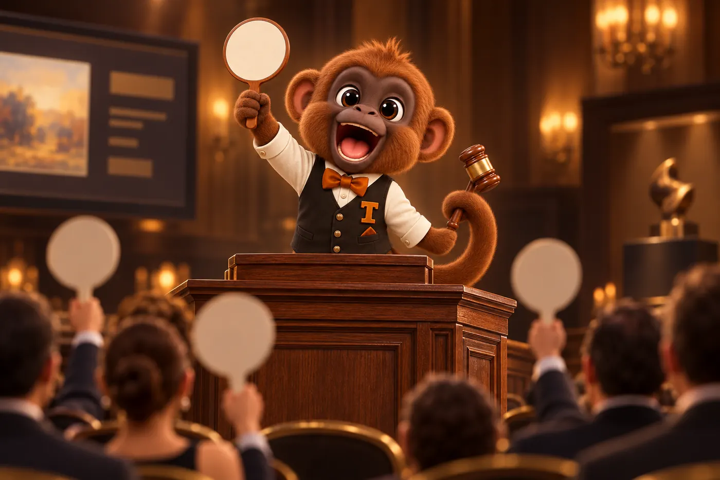 Tamtam the howler monkey mascot calling a sale from the rostrum with a paddle raised