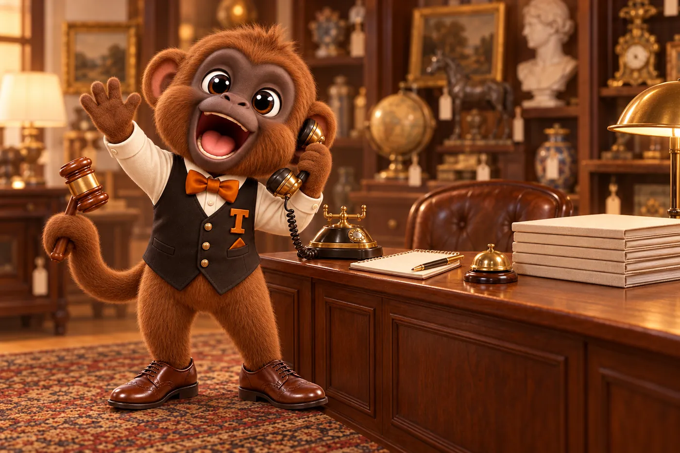 Tamtam the howler monkey mascot answering the phone and waving hello from an auction house front desk