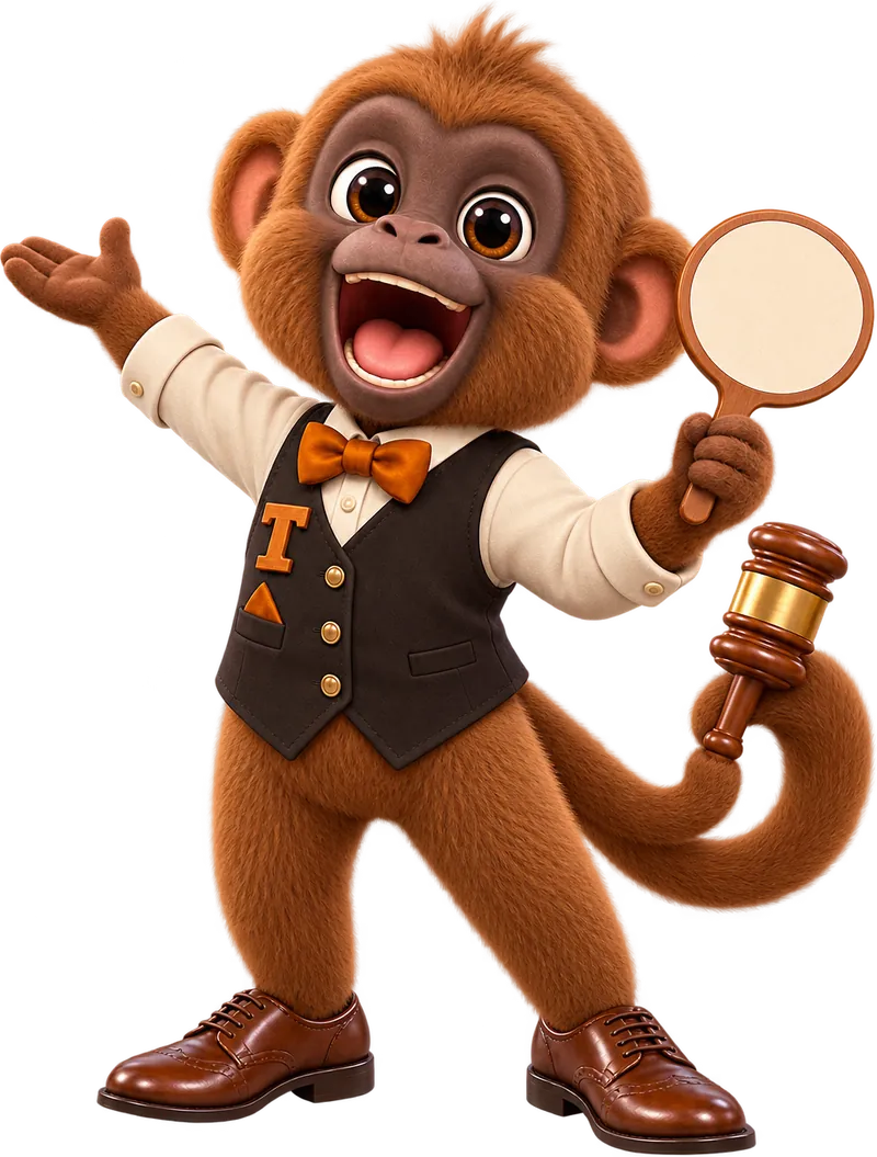 Tamtam the howler monkey mascot presenting the sale bill with an open hand, paddle raised