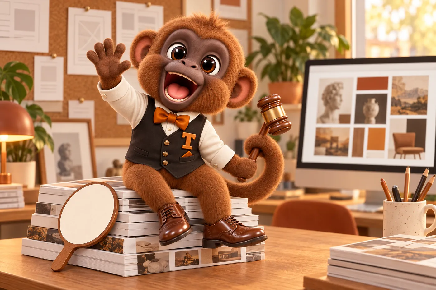 Meet Tamtam, our studio mascot: the howler monkey waving hello from a stack of auction catalogues in the studio